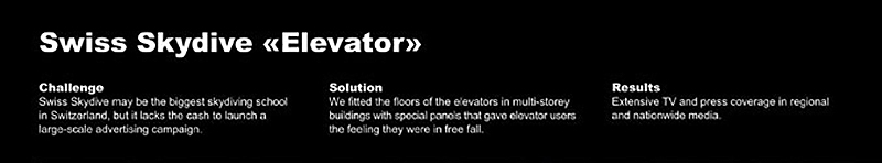 Reklama Swiss Skydive na podu lifta opisana na engleskom