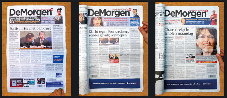 Tri različite početne strane štampanog izdanja DeMorgena - reklamiranje internet sajta